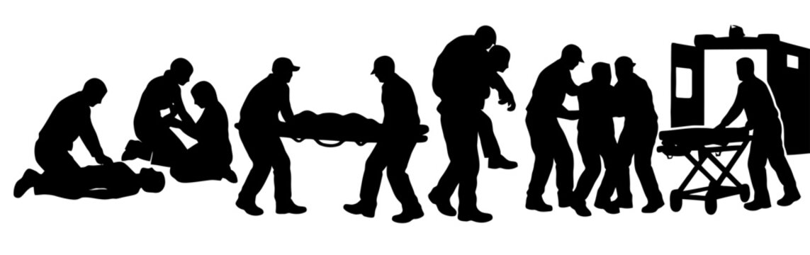 Emergency medical team silhouette sequence with diverse actions.