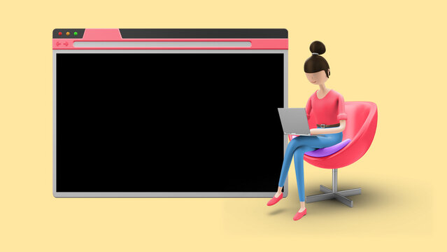 Explainer Girl Sitting Browsing Web - Using Smartphone and Website for Social Media, Apps and Online Communication