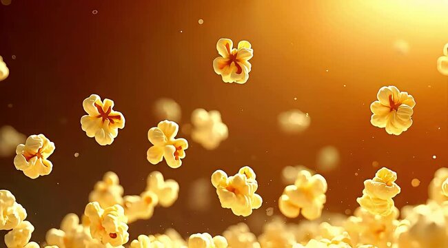Floating popcorn kernels illuminated by warm light, creating a dynamic scene
