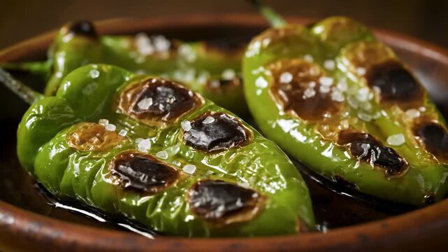 Close-up of Traditional Spanish Pimientos de padr&oacute;n (Padron Peppers) Roasted and Seasoned with Coarse Sea Salt Flakes on a Rustic P
