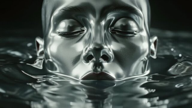 cinematic close-up human face slowly surfacing beneath reflective liquid metal silver liquid behaving mercury glass, facial structure visible surface fully emerging emotional expression, eyes closed