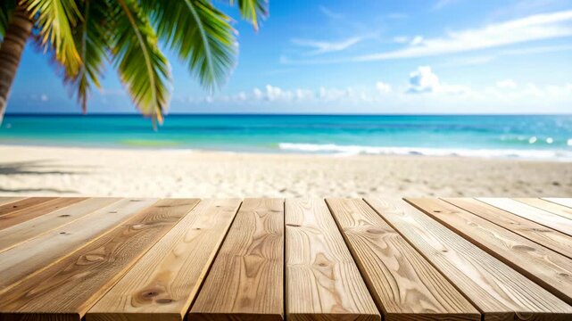Empty wooden table in foreground on tropical beach with palm tree and blue ocean background