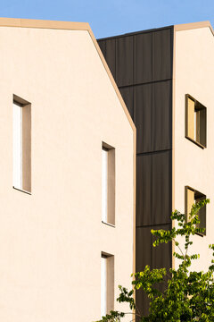 Modern minimal architecture building facade with windows in concrete catching sunlight and contrast beside a tree for clean urban exterior