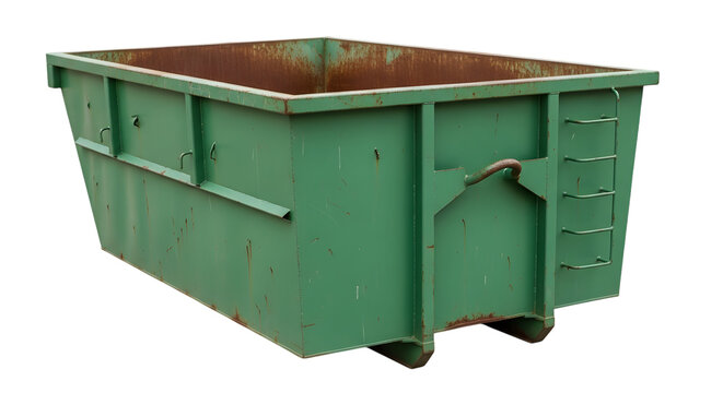 Green metal dumpster with rusty interior and handles isolated on a transparent background