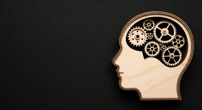 Mechanism of thought: a wooden human head profile filled with complex gears on a dark background