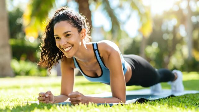 Fit woman with curly hair smiles doing a forearm plank exercise on a mat outdoors