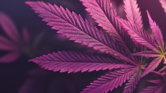 Close up of cannabis plant leaves in purple lighting