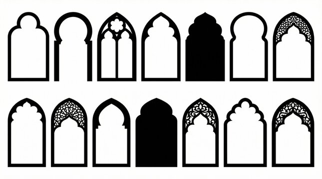 Islamic arch window silhouette vector set with ornate geometric patterns, floral motifs, Moorish architectural designs, cultural art elements, mosque palace madrasa inspiration