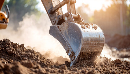 Close up of an excavator bucket shovel is digging into the dirt, leaving a cloud of dust in its wake