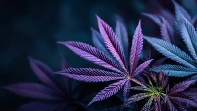 Close up of purple and blue cannabis leaves with artistic lighting