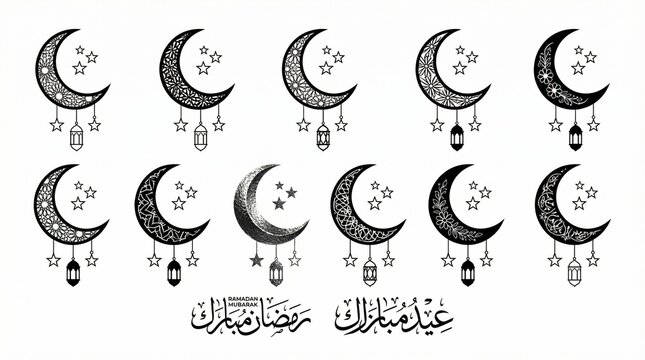 Islamic crescent moon lanterns vector set with glowing designs, floral and geometric patterns, Arabic calligraphy, decorative cultural art, Ramadan celebration, Eid festival elements