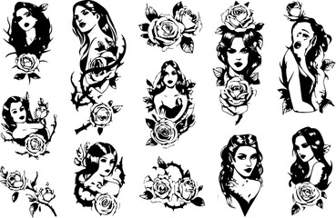 Mystical Floral Woman Tattoo Art Set