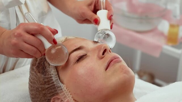 Cosmetologist using cooling globes on woman forehead in dermatology office, promoting skin tightening and relaxation. Female lying calmly, receiving refreshing therapy for improved circulation