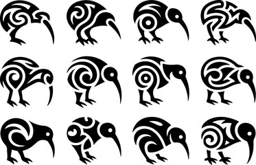 Tribal Kiwi Bird Icon Set &ndash; Minimal Black Vector Symbols