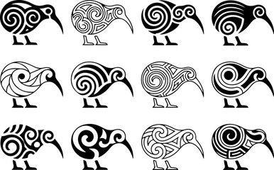 Tribal Kiwi Bird Icon Set &ndash; Minimal Black Vector Symbols