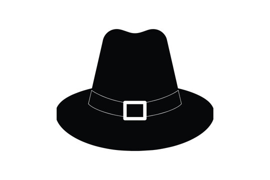 Black silhouette of pilgrim hat, historical headwear, isolated on white background