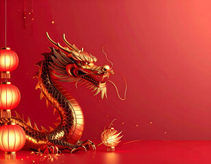 Obraz premium Luxury Chinese New Year Background with Golden Dragon Silk Fabric and Red Lanterns