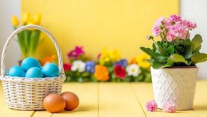 Easter still life with eggs and flowers