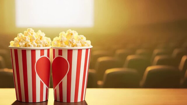 two cardboard popcorn cups filled with popcorn. each cup featuring half of red heart together forming full heart. cinema hall lighting background. romantic Valentines day, movie date concept