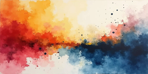 Fototapeta premium An abstract orange and yellow watercolor grunge background features a fiery paint explosion with colorful ink textures and smoke patterns on vintage paper