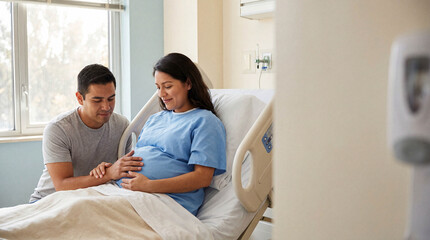 Fototapeta premium Pregnant Hispanic woman in blue gown and partner touching belly in bright hospital room.
