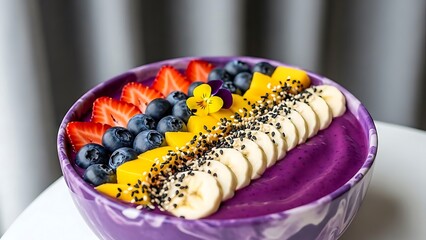Delicious acai bowl with fresh fruits and chia seeds