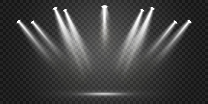 Vector spotlights png, studio lighting. Light beams and transparent light effect. White light source. Bright lighting with spotlights. Vector isolated on transparent background.