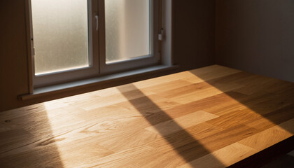 Fototapeta premium Sunlight streaming through a frosted window onto a warm wooden table surface, creating strong light and shadow patterns indoors.