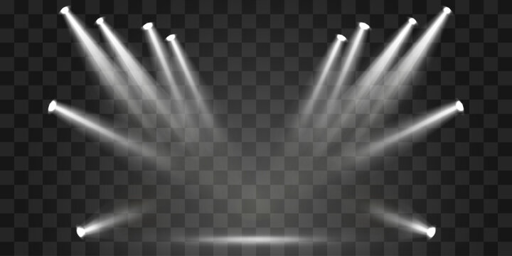 Vector spotlights png, studio lighting. Light beams and transparent light effect. White light source. Bright lighting with spotlights. Vector isolated on transparent background.