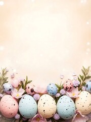 Easter eggs and flowers on a pastel background