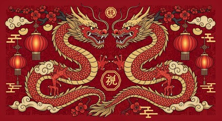 Obraz premium lunar design, Twin Chinese dragons intricately designed, positioned symmetrically on a vibrant red background