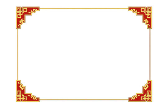 Chinese new year border frame with red and gold traditional oriental ornaments on transparent background