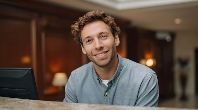 A friendly male receptionist with a warm smile at a hotel reception desk