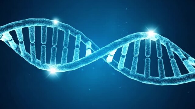 Glowing blue dna double helix structure with bright lights on a dark blue background