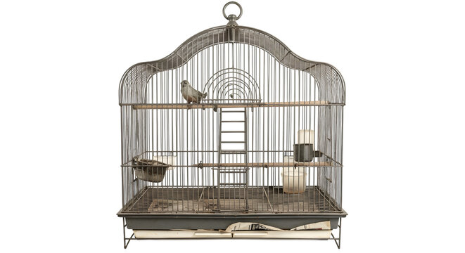 Old metal birdcage with two white birds and accessories isolated on a transparent background metal cage
