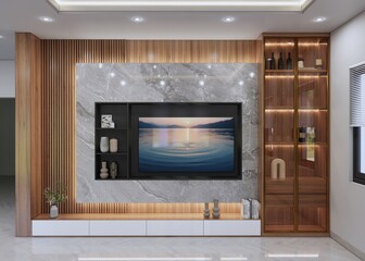 Fototapeta premium Modern Living Room Interior: The sleek design of a modern living room is showcasing a television framed by marble panel, complemented by wooden accents.