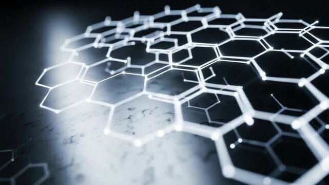 White hexagonal molecular structure on a dark background with glowing light