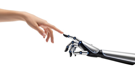 Obraz premium Human hand and robotic arm fingers touching on black background image, Isolated On Png Transparent Background