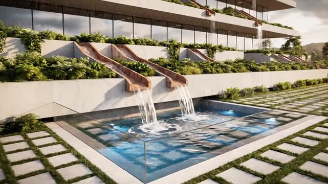 Modern pool with three red tile waterfalls surrounded by lush greenery