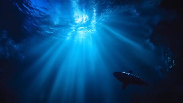 Silhouetted sharks swim in deep blue water with sunlight rays overhead