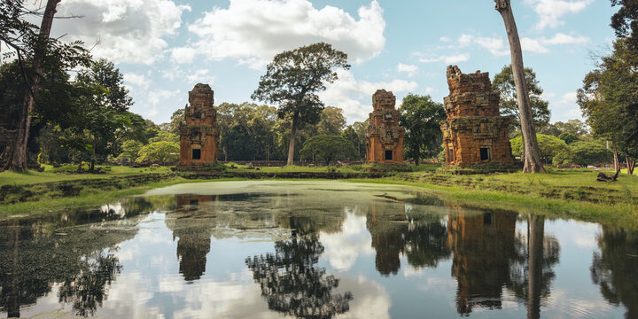 Angkor Thom Reflection Pool And Prasat Suor Prat Towers, Cambodia