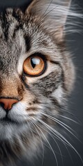 Fototapeta premium Stunning Maine Coon Cat Close-Up Featuring Striking Green Eyes Set Against a Soft Gray Background