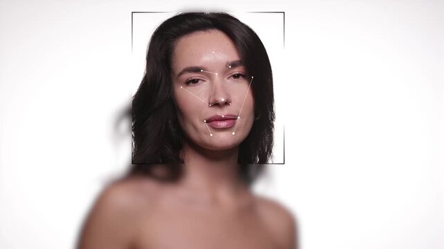 Ad template. Female face with digital facial mapping on studio background. Concept of beauty technology, facial recognition, data driven skincare, identity verification and modern cosmetic innovation.