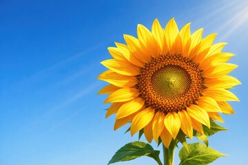 Naklejka premium Close-up of a bright yellow sunflower with green leaves against a clear blue sky with sun rays