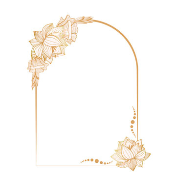 Golden vintage arch frame for greetings, background, floral wreath, delicate monogram with hand-drawn roses and lotus.
