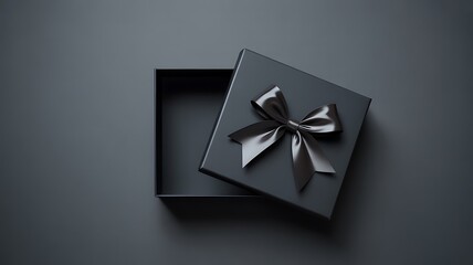 Sleek and Elegant Open Black Gift Box with Stylish Ribbon on a Dark Background, Hinting at a Special Occasion or Surprise