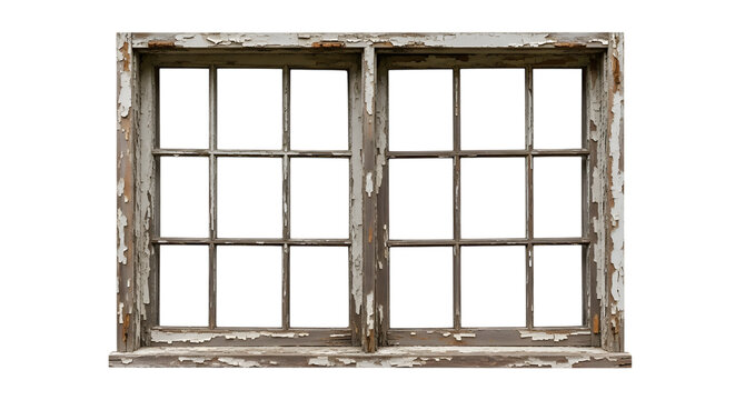 Weathered wooden window frame with peeling paint and multiple glass panes isolated on a transparent background