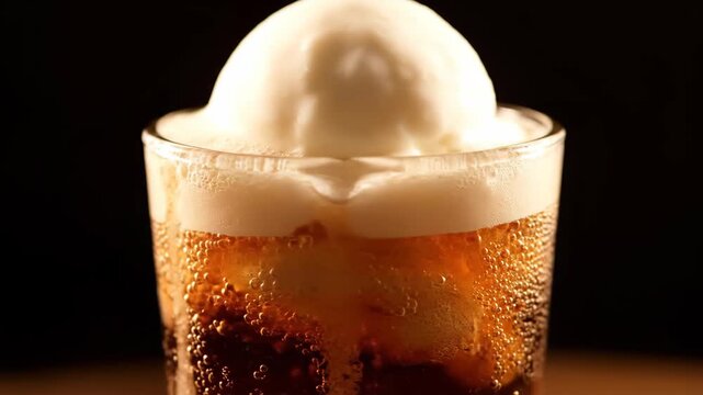 Dramatic close-up of a classic ice cream float with a scoop of vanilla melting into dark, bubbly soda, creating rich foam and fizz against a deep black background.