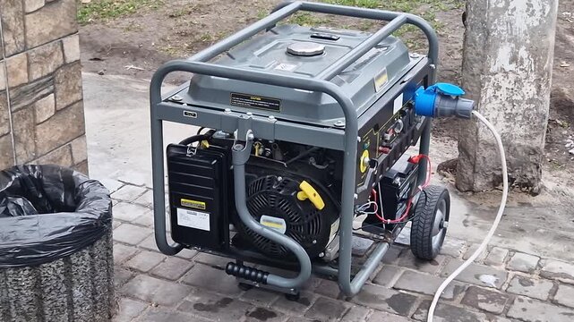 Portable gasoline generator operates outdoors on a paved surface, supplying electricity. An industrial blue plug is connected via a white power cord.
