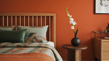 Cozy modern bedroom interior with warm orange walls and wooden furniture
